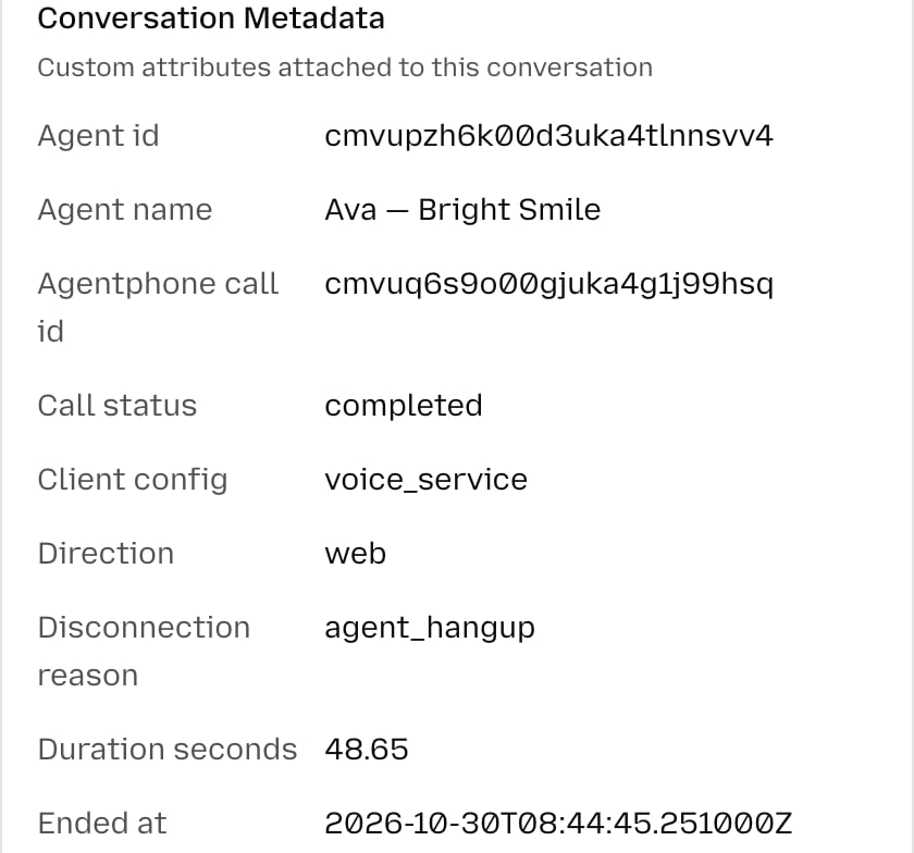 Metadata tab showing AgentPhone call details