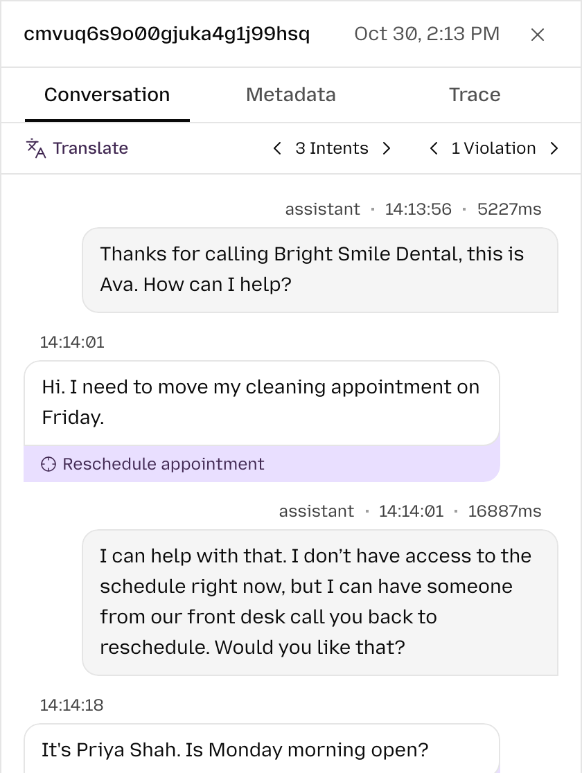 An AgentPhone call in Agnost with intents tagged on caller messages and one rule violation