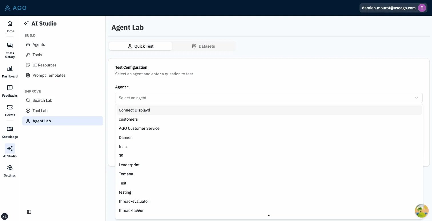 Agent Lab debug panel showing retrieved documents, tool calls, and token usage