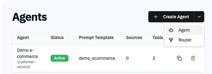 Agents page showing the Create Agent dropdown with Agent and Router options