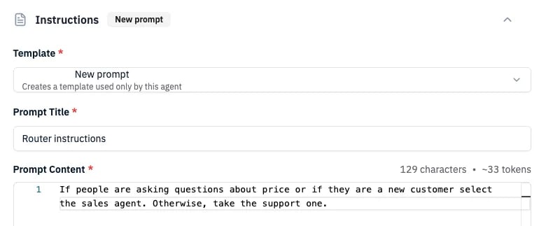 Router instructions prompt template with example routing rules for sales and support agents