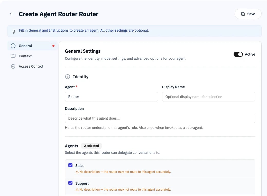 Router agent builder showing the General tab with agent selection and description fields