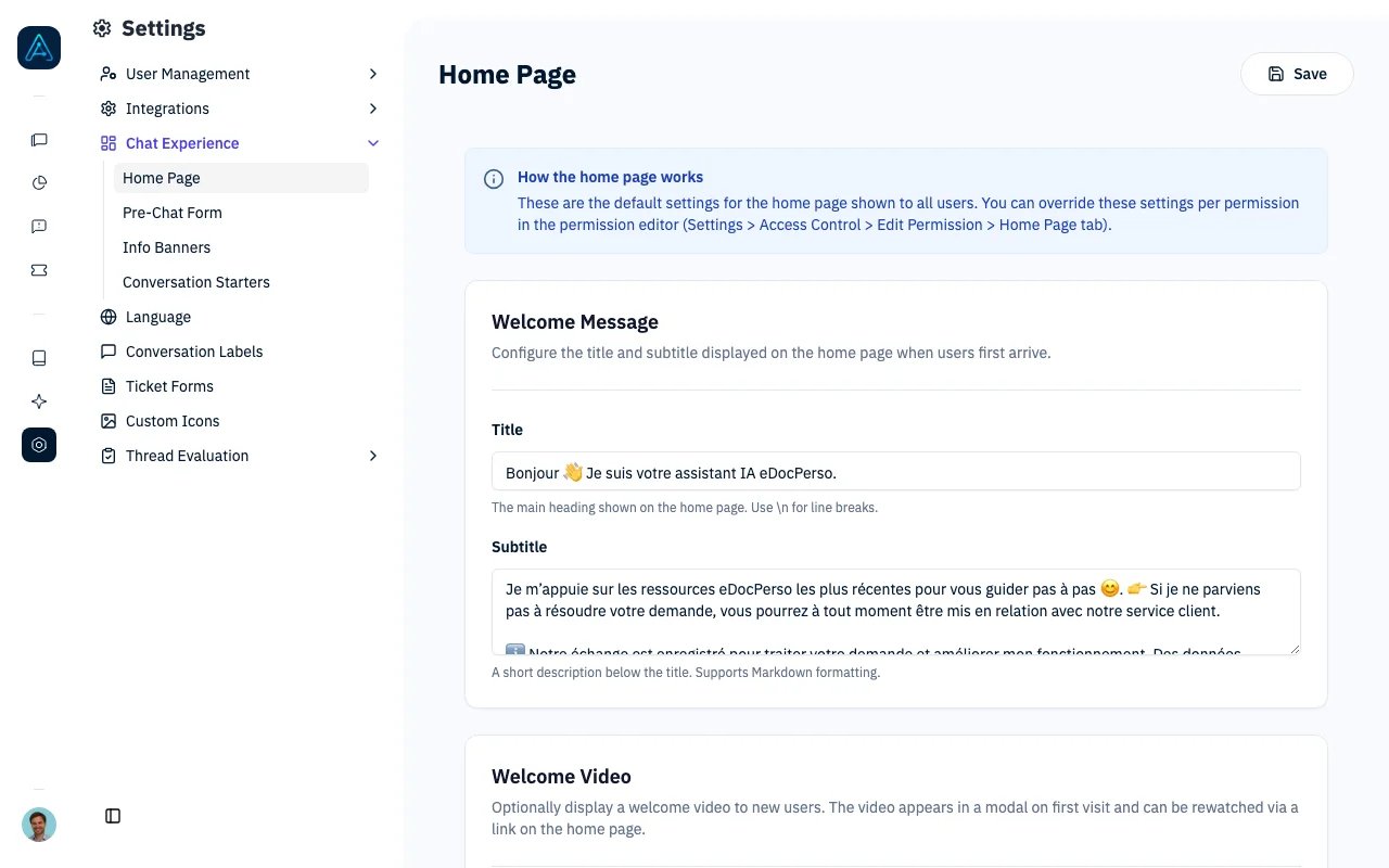 Homepage settings showing agent selection and display configuration