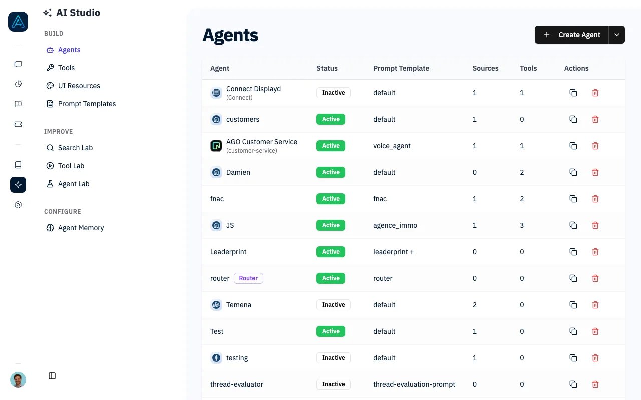 AI Studio showing a list of configured agents with their models, tools, and status