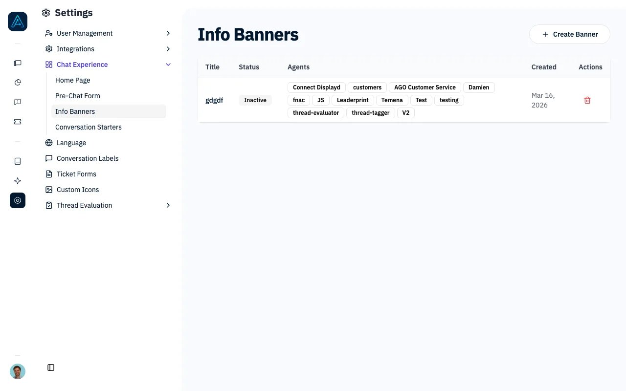 Incident Info Banners management showing active and inactive banners