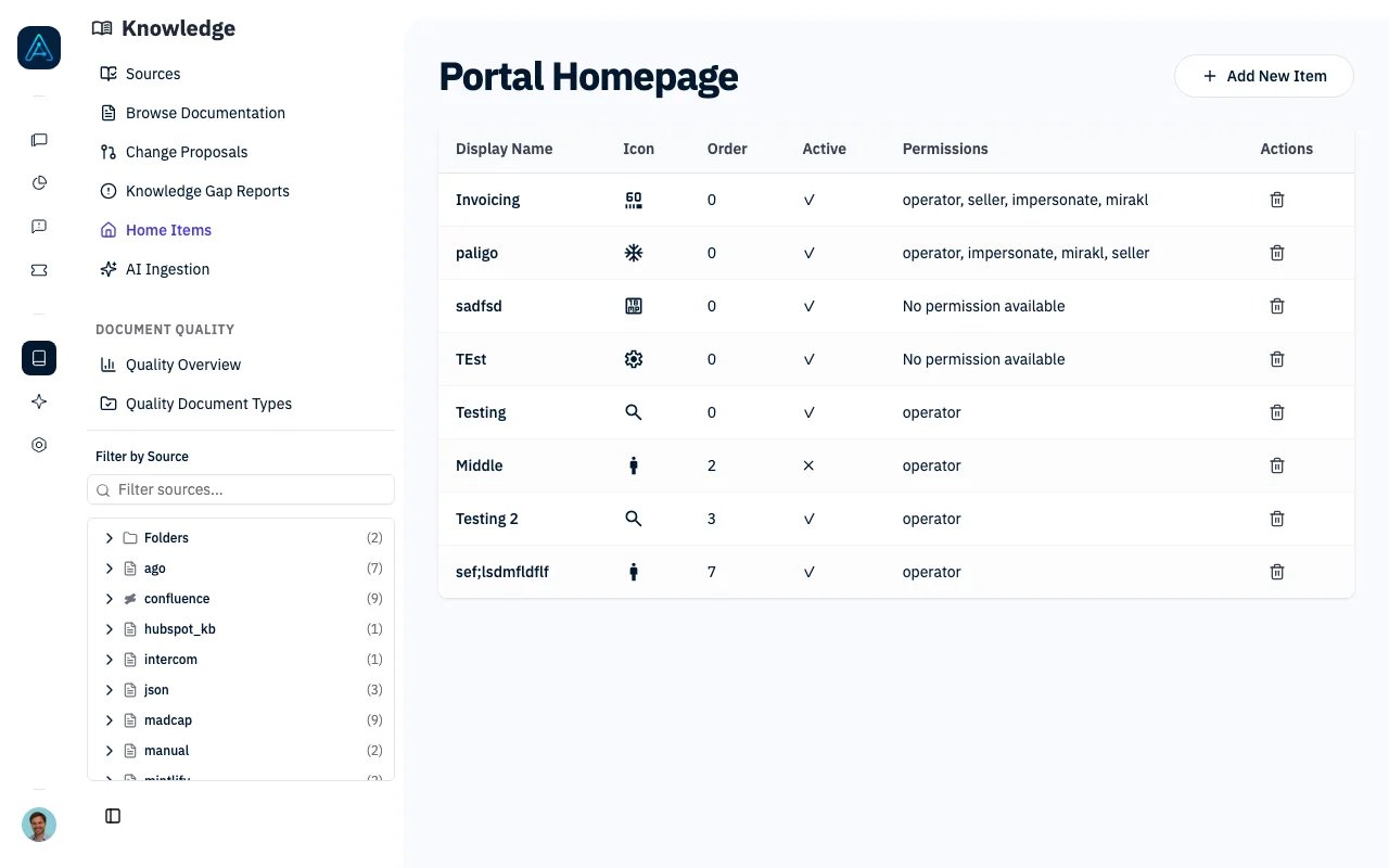 Knowledge Home Items configuration showing navigation items for the knowledge portal