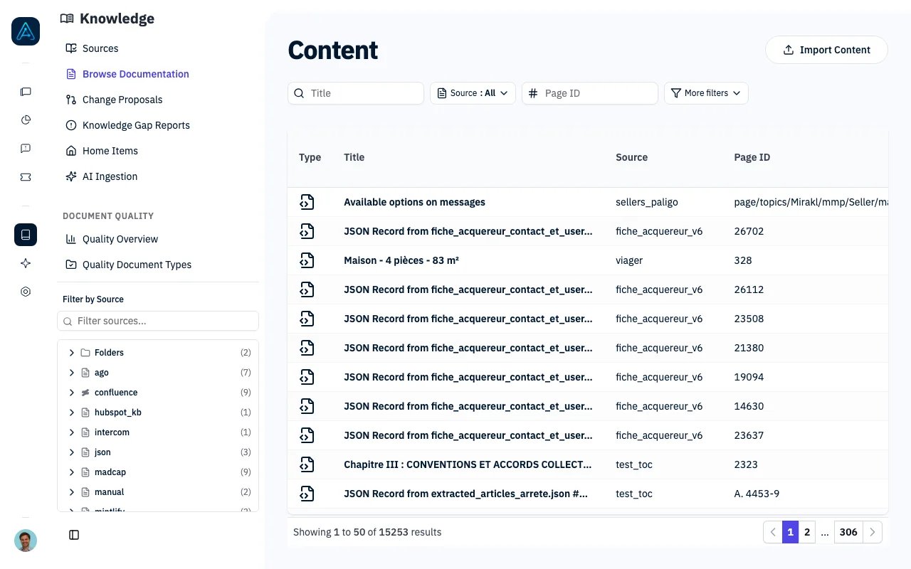 Knowledge Management showing documents with their sources, page IDs, and status