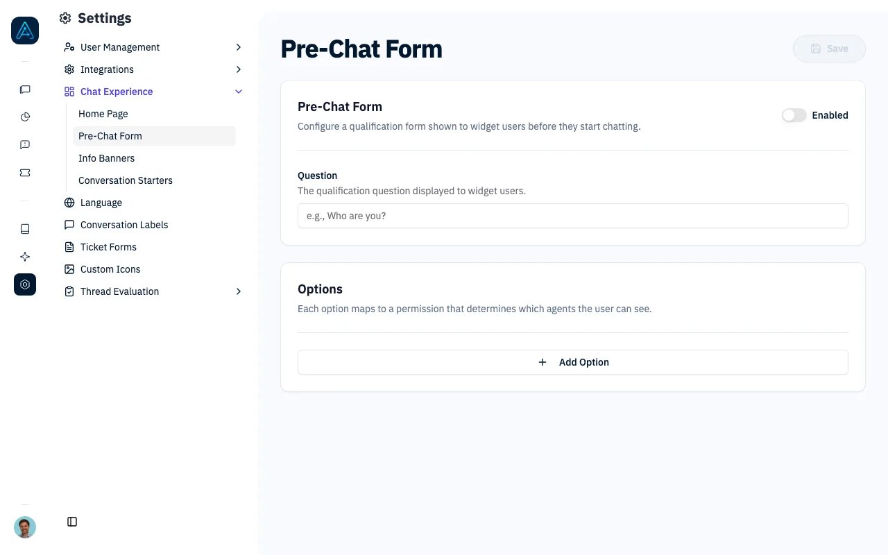 Pre-Chat Form configuration showing qualification questions and options