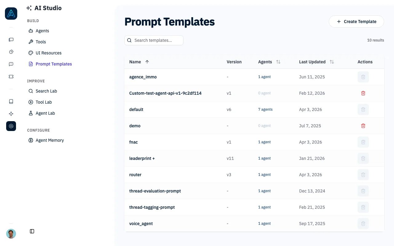 Prompt Templates list showing available templates with their versions and agent assignments