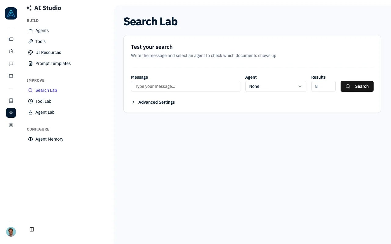 Search Lab interface for testing similarity search queries against your knowledge base
