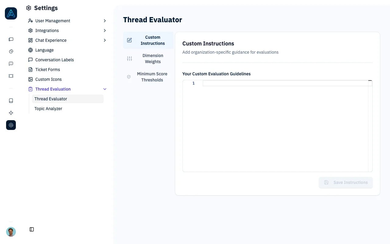 Thread Evaluator settings page showing custom evaluation guidelines text editor