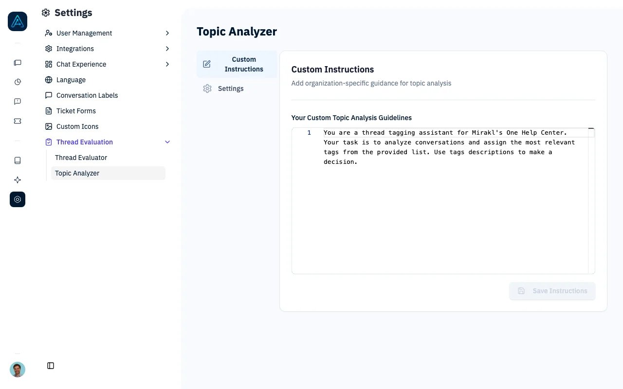 Topic Analyzer settings page showing custom instructions editor and configuration options