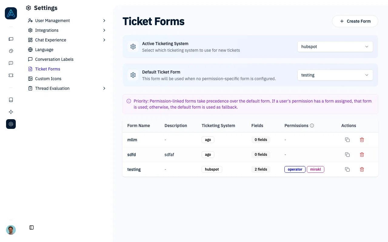 Ticket Forms settings page showing active ticketing system selection and form configuration table