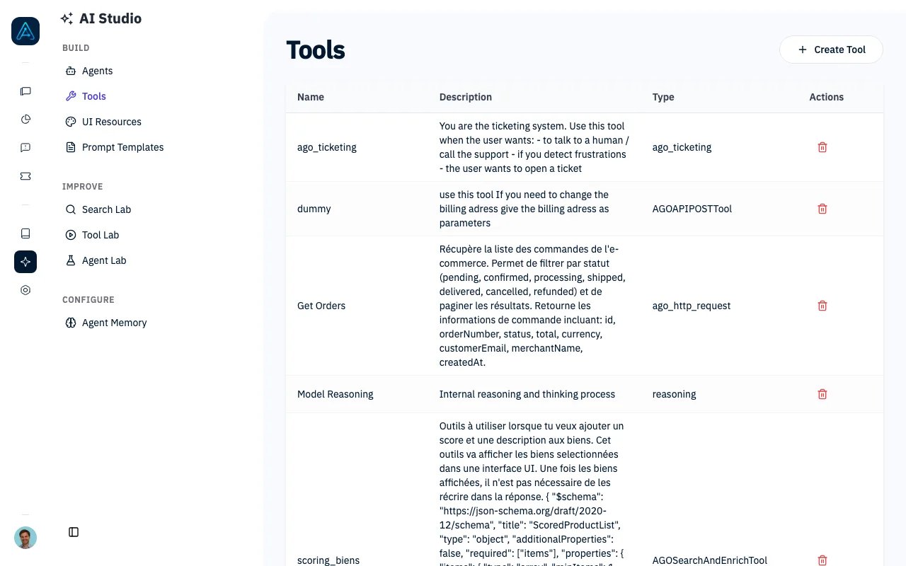 Tools list showing available tools with their types and descriptions