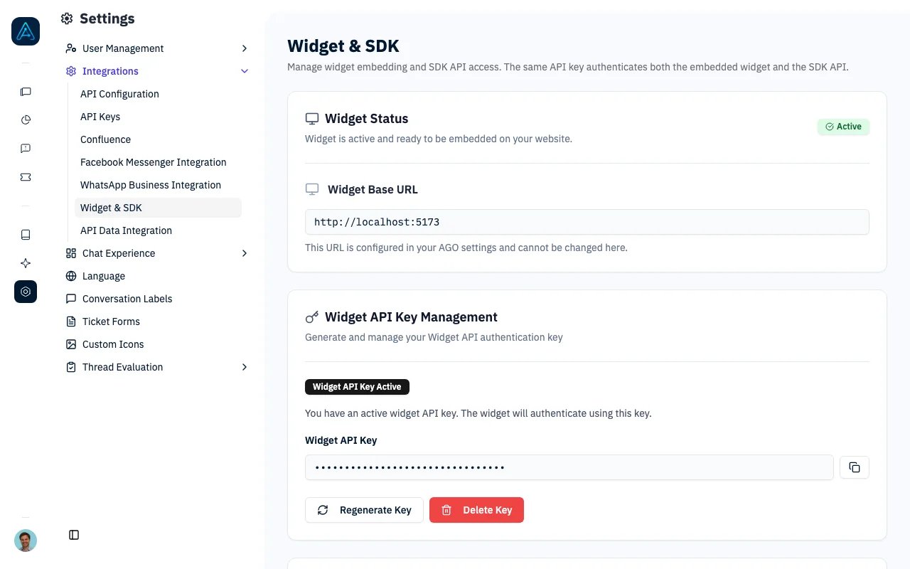 Widget SDK configuration showing widget settings and customization options