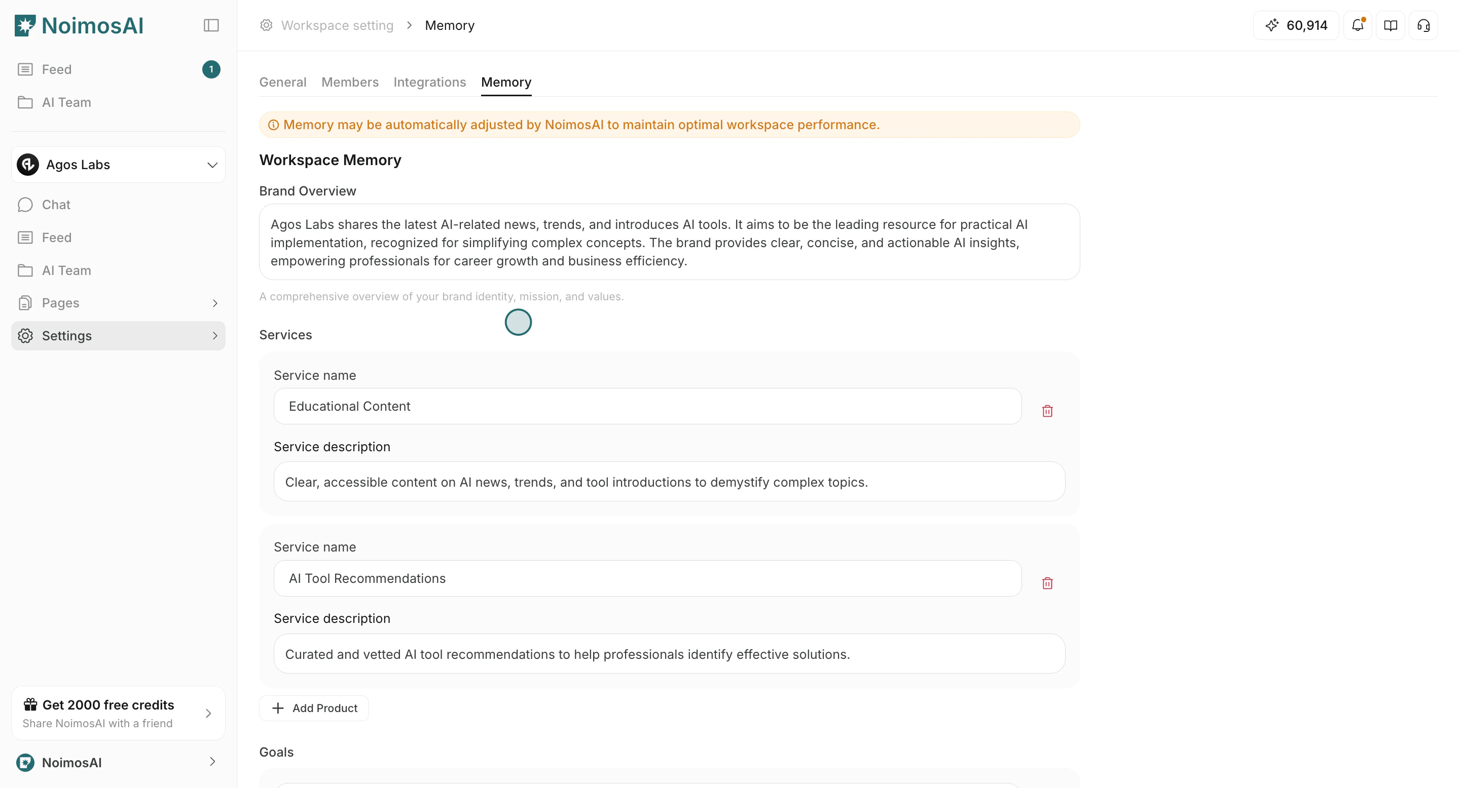 Workspace Memory fields in Memory settings