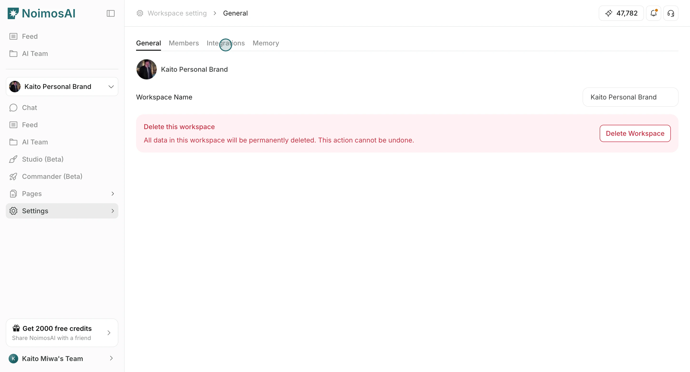 Open the Integrations tab in workspace settings