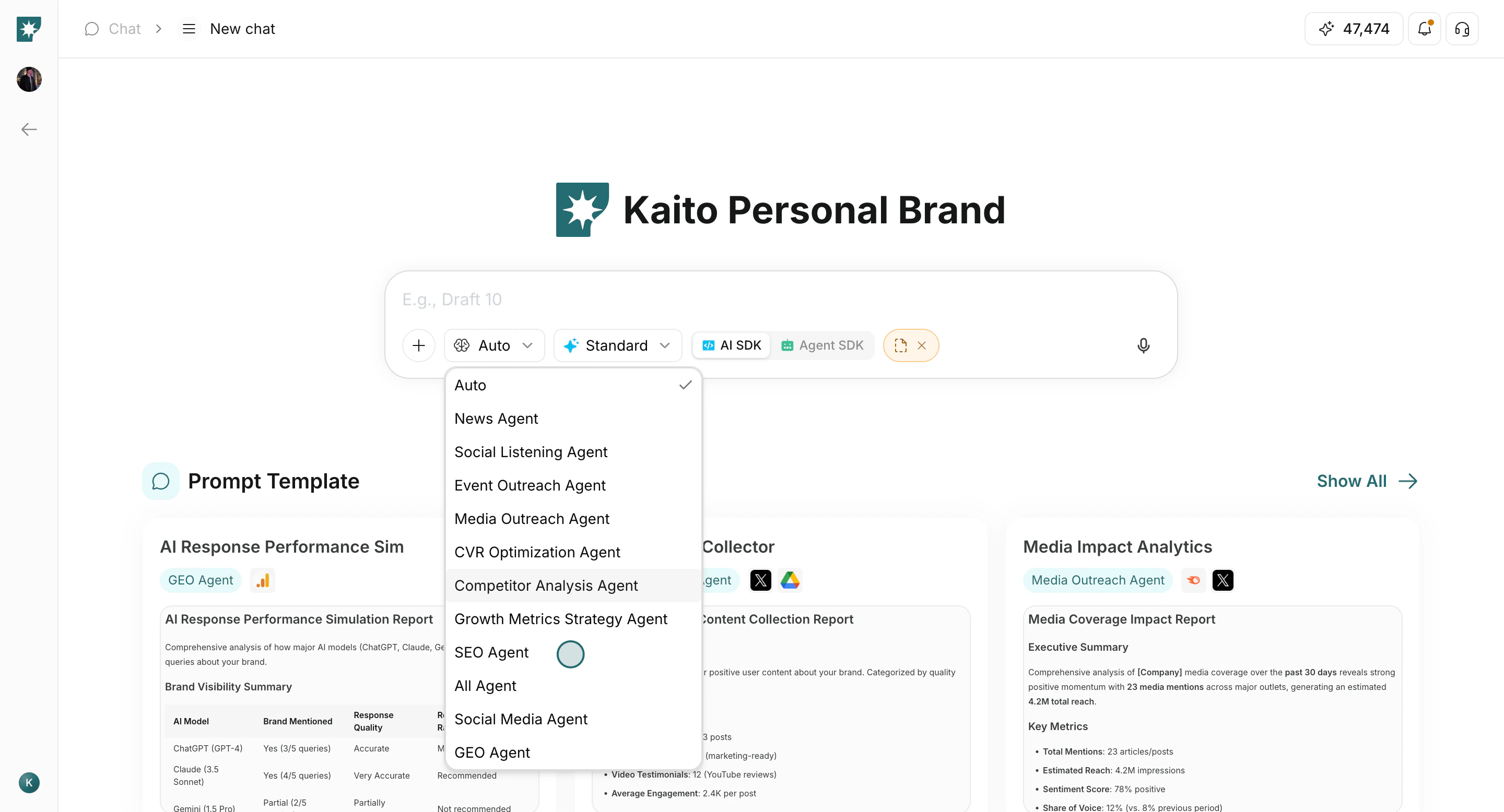Agent selector dropdown opened