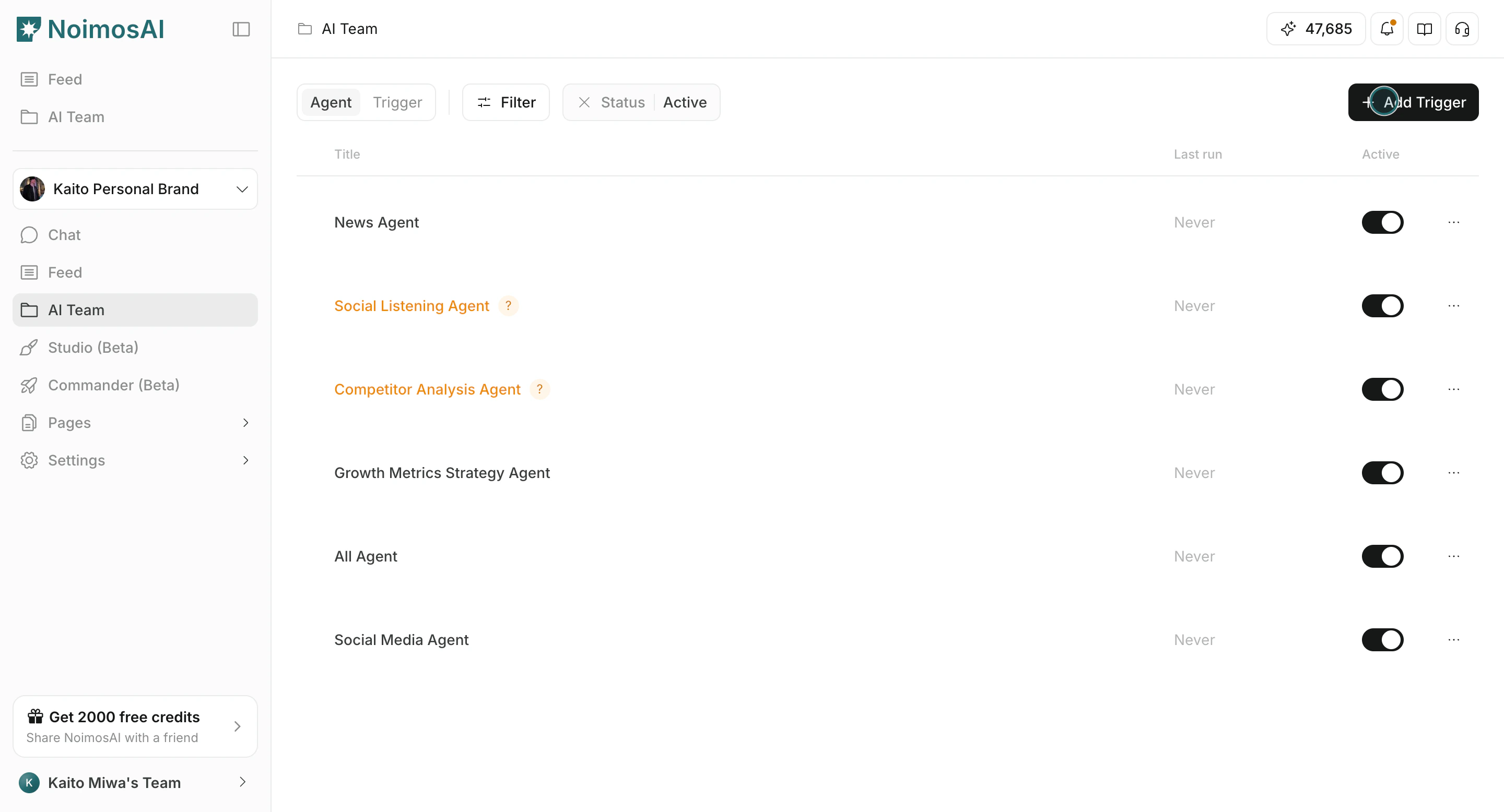 Open AI Team and click Add Trigger