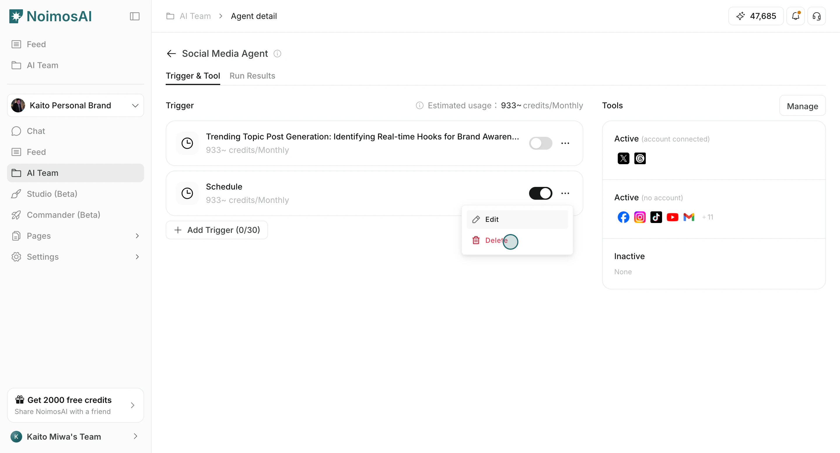 Delete trigger from trigger menu