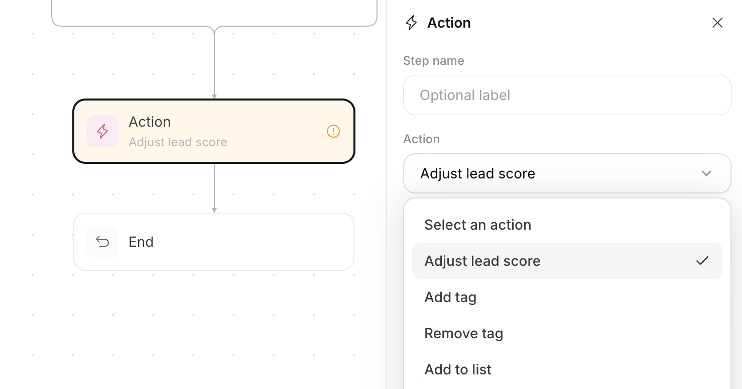 Choosing actions such as adjusting a lead score or adding a tag