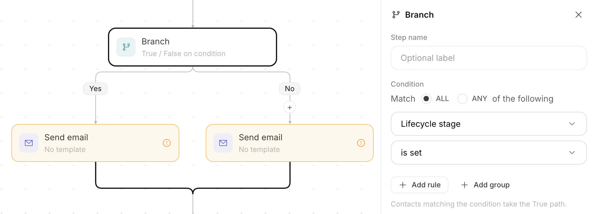 Setting a customer-data condition and branching to matching and non-matching paths