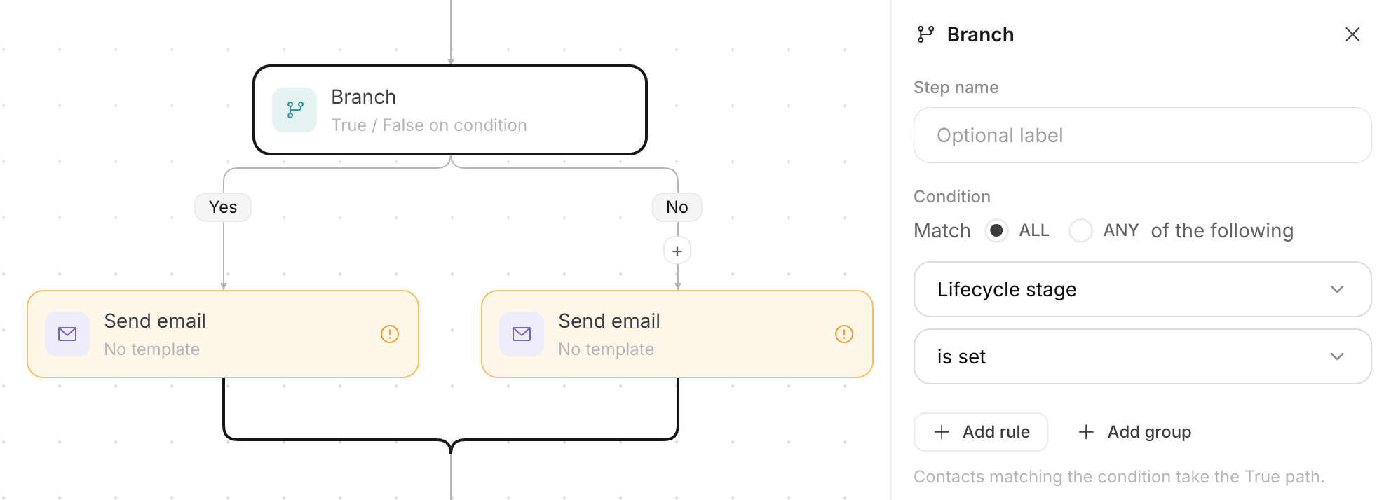 Setting a customer-data condition and branching to matching and non-matching paths