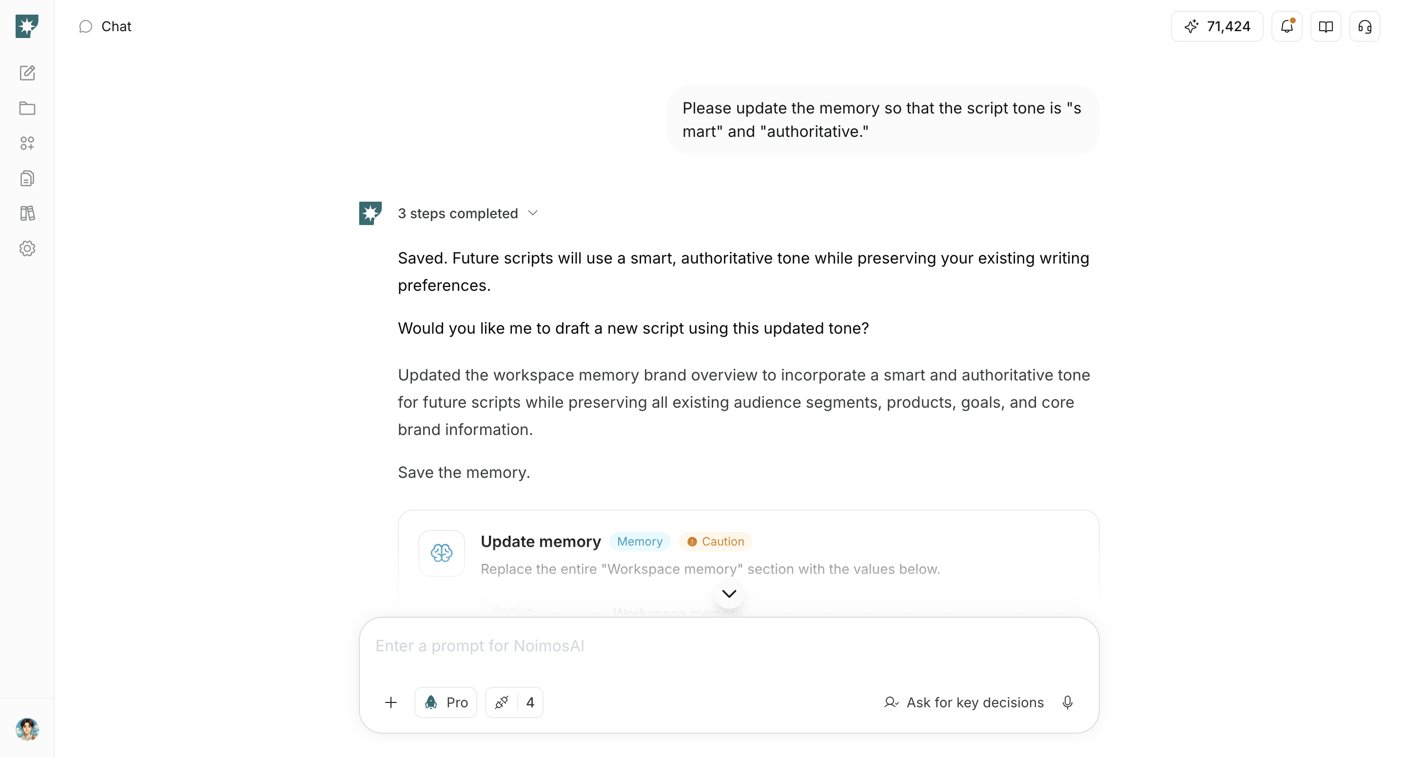 Chat screen showing a proposed update to Personal Memory