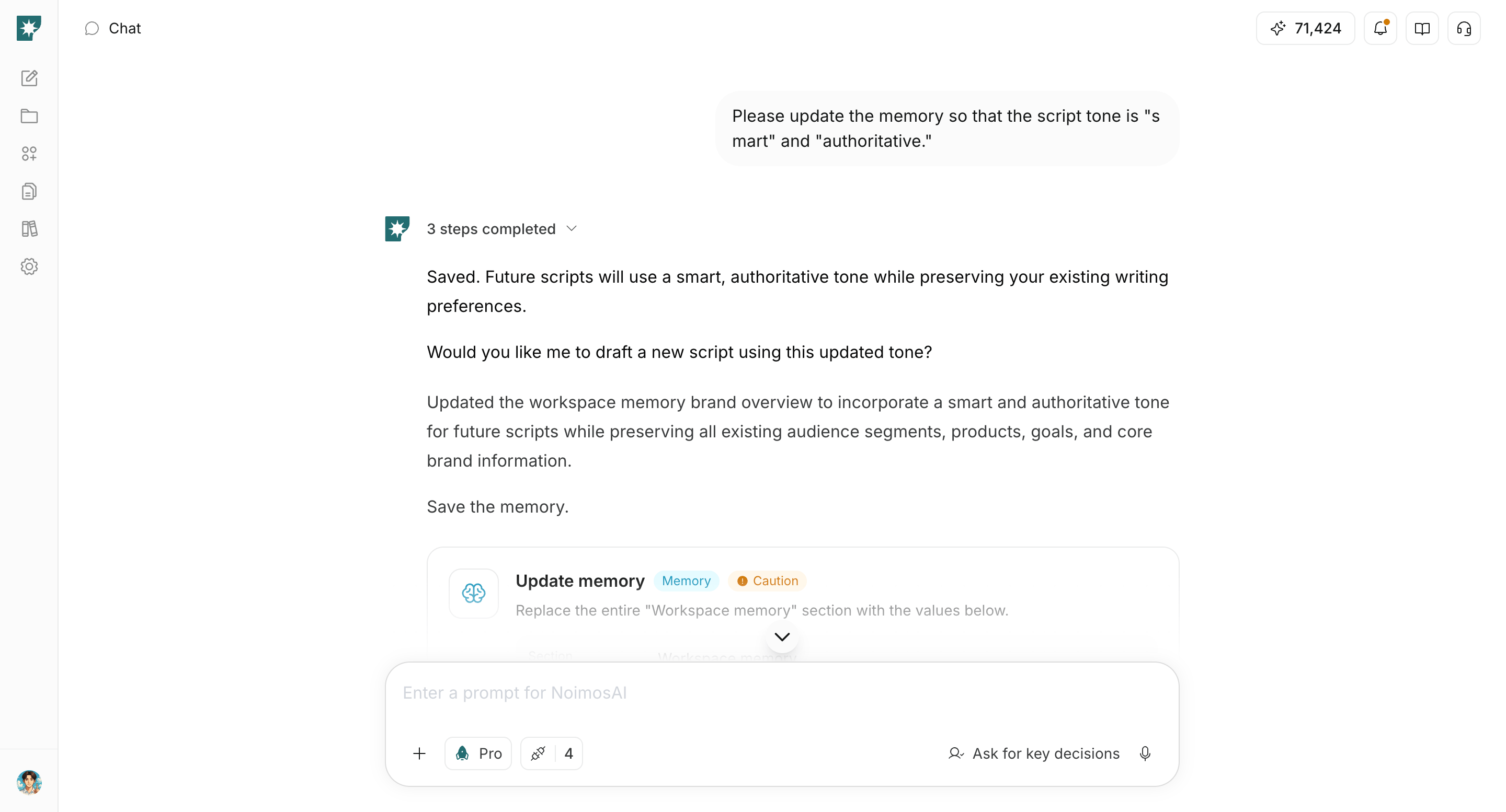 Chat screen showing a proposed update to Personal Memory