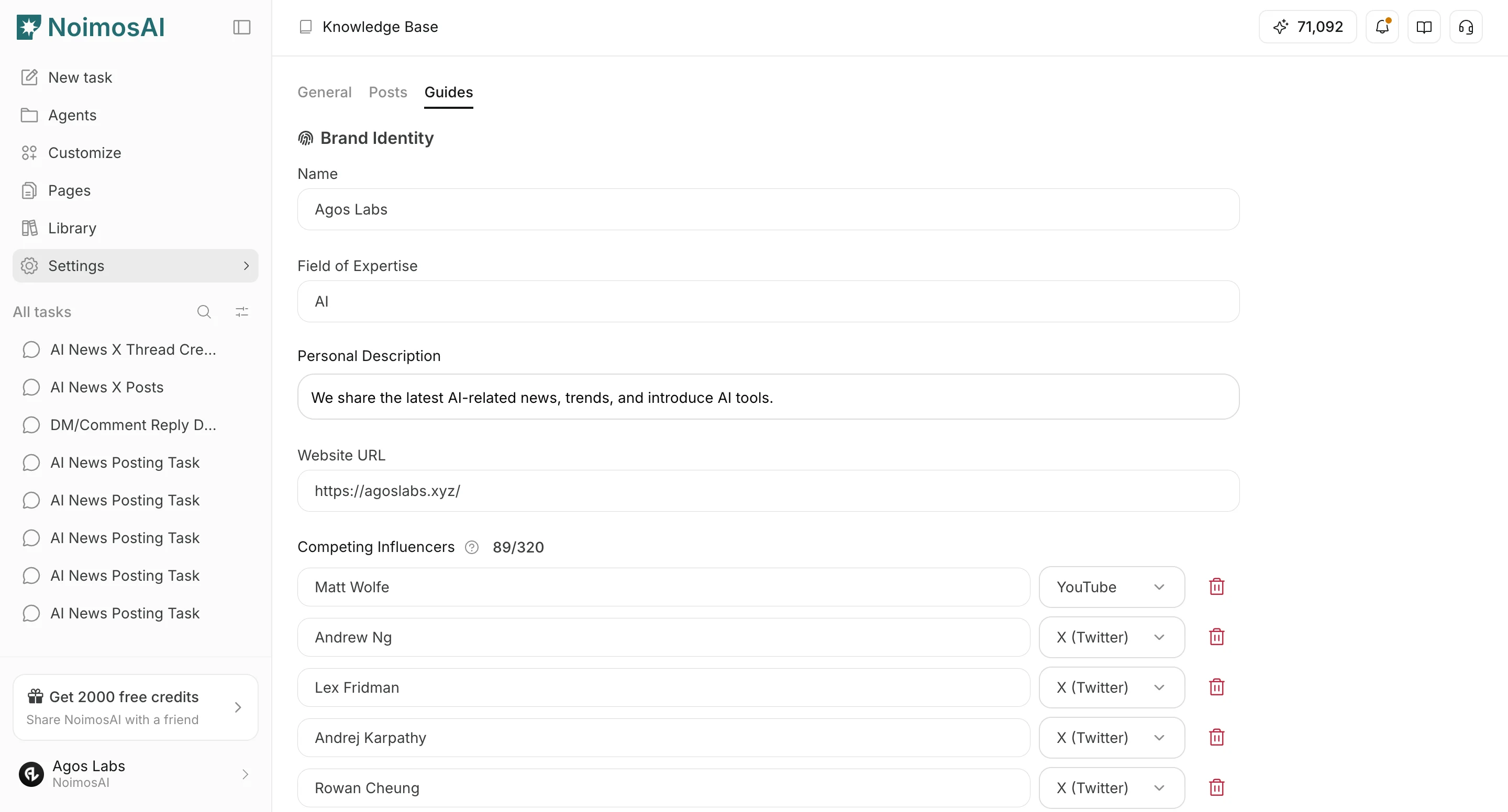 Knowledge Base screen with General, Posts, Guides, and Integrations tabs