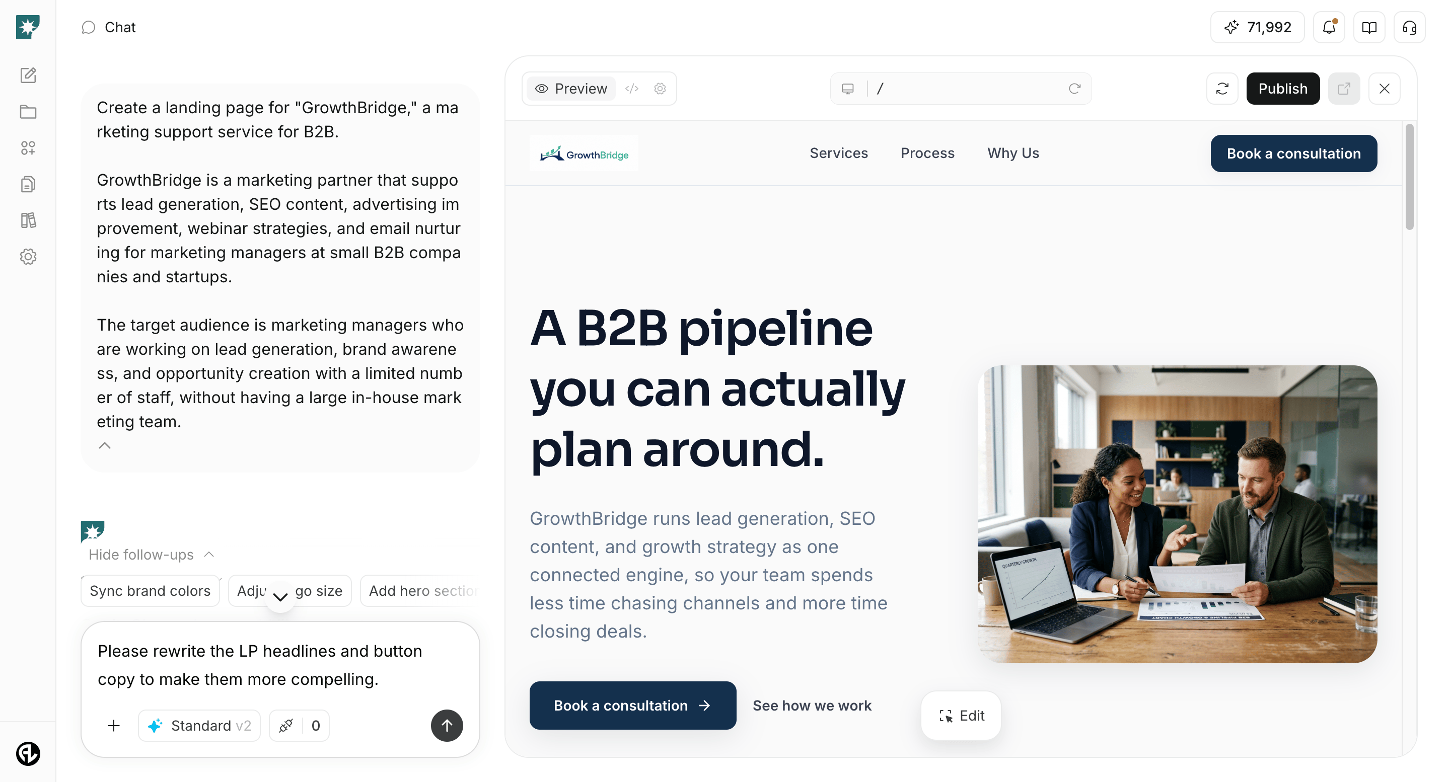 Screen issuing instructions to improve website headlines and button texts