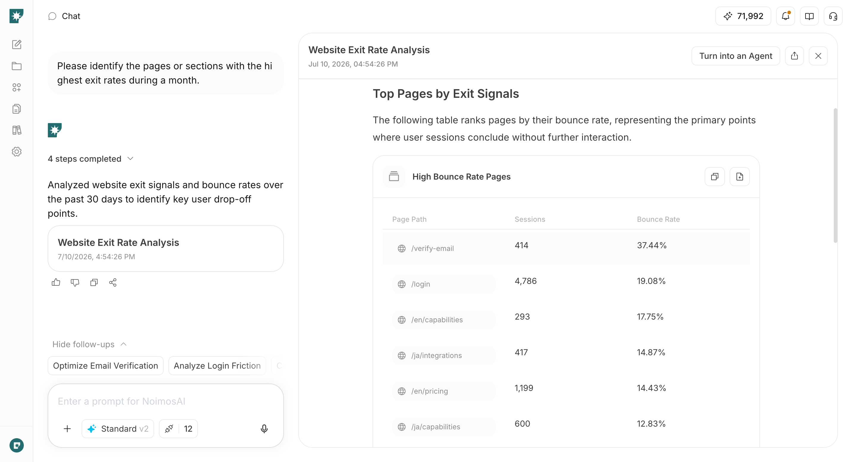 Screen analyzing pages and sections with high dropout rates on the website