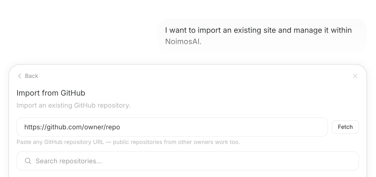 Screen for importing an existing site managed on GitHub into NoimosAI