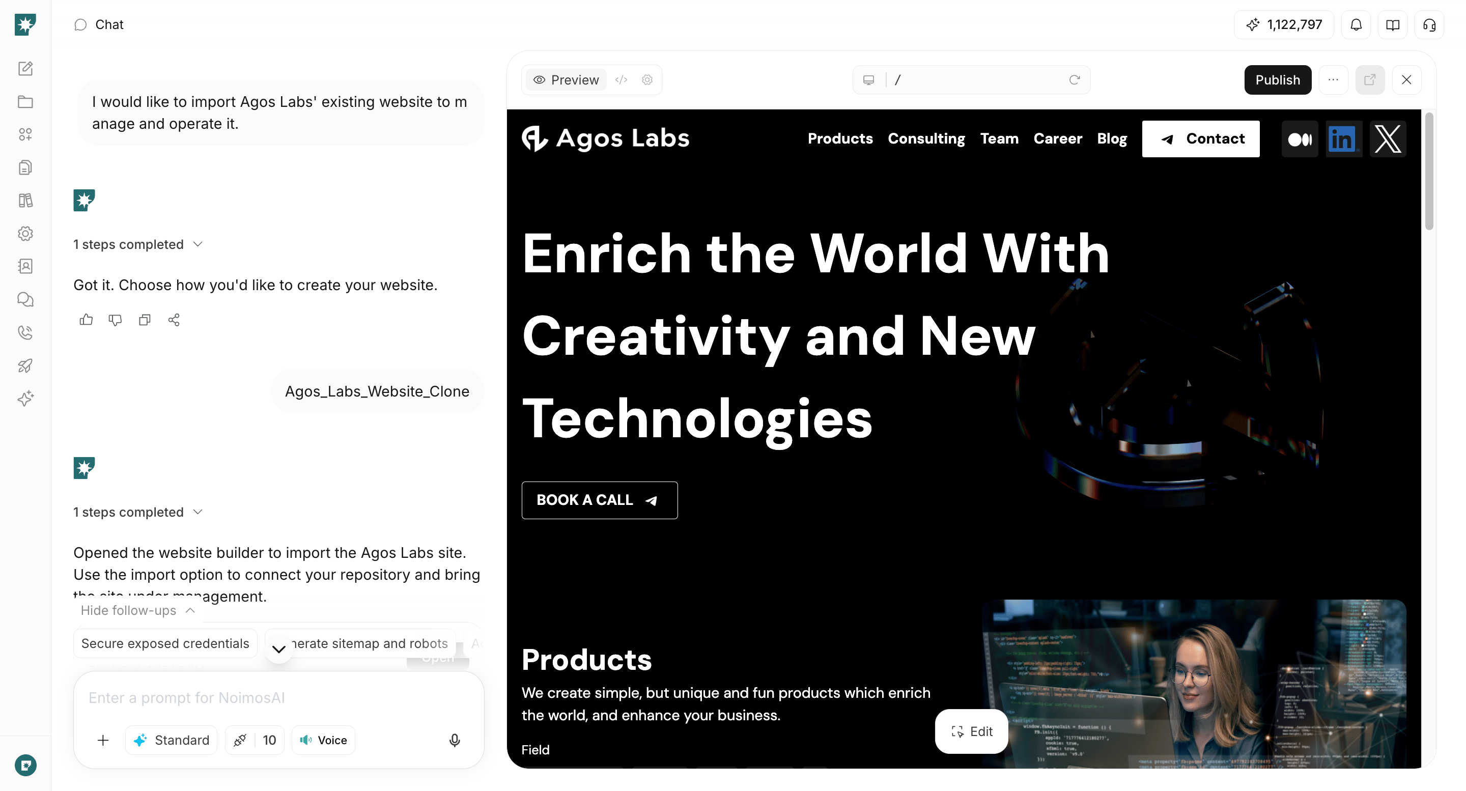 Website builder screen showing chat and website preview side by side