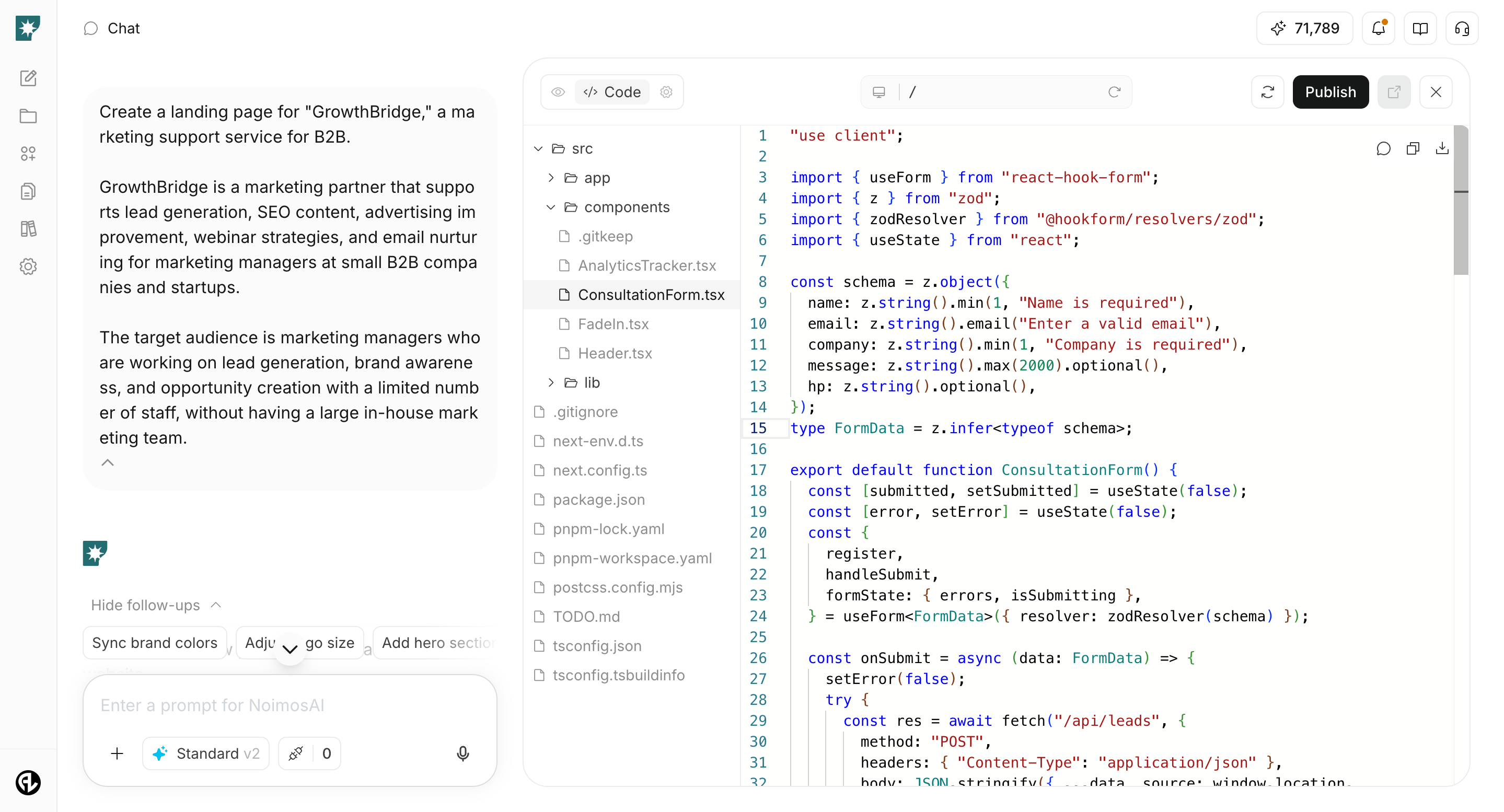 Screen showing a component file open in the website code editor