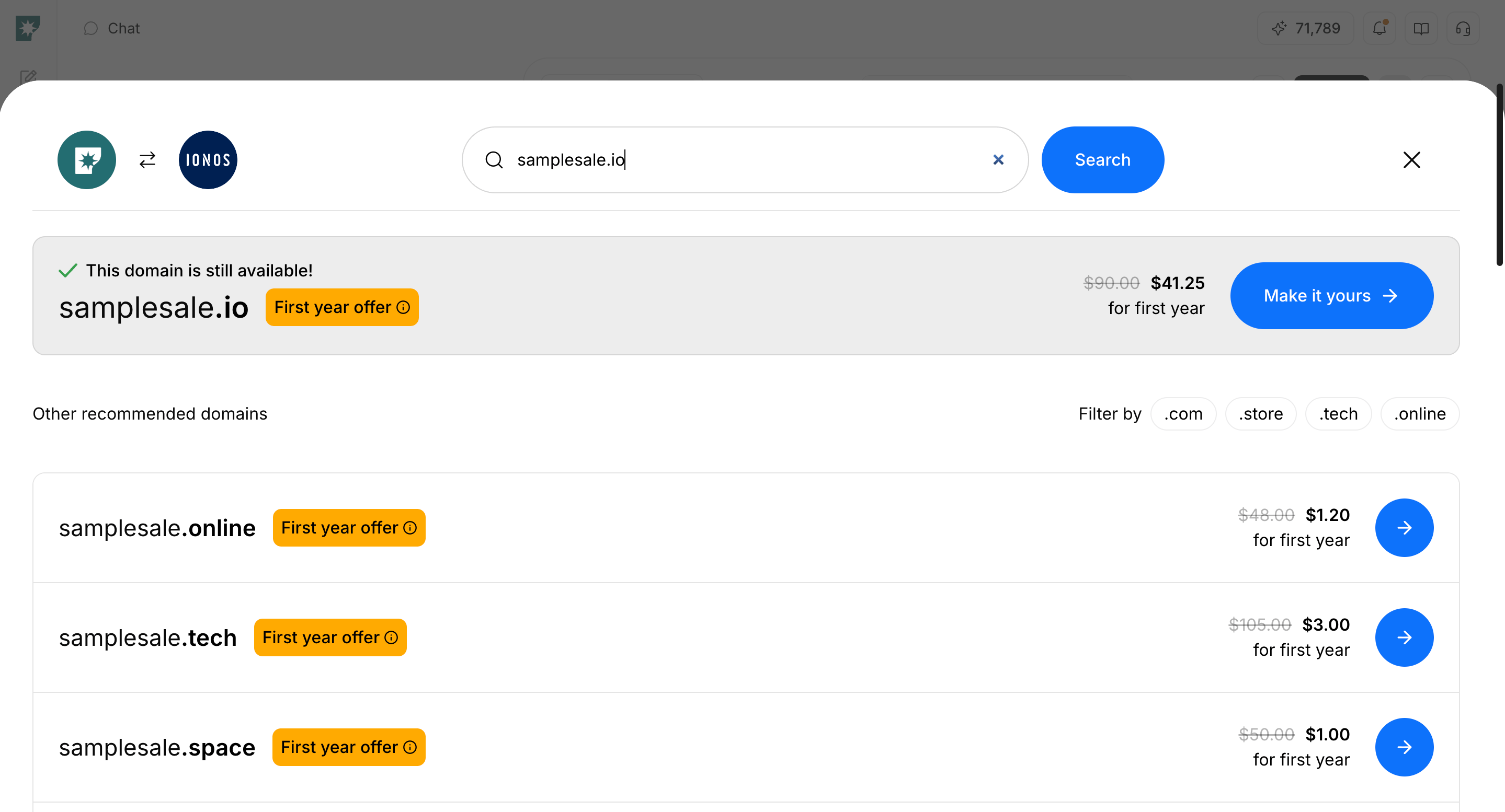 Screen showing domain search and purchase candidates when publishing a website