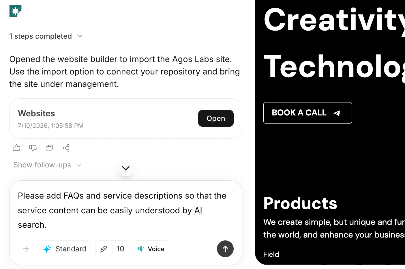Screen showing input of website editing instructions via chat