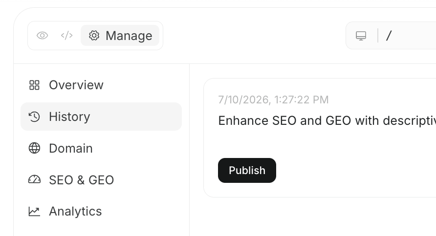 Screen showing the Management tab opened on the website screen with settings displayed