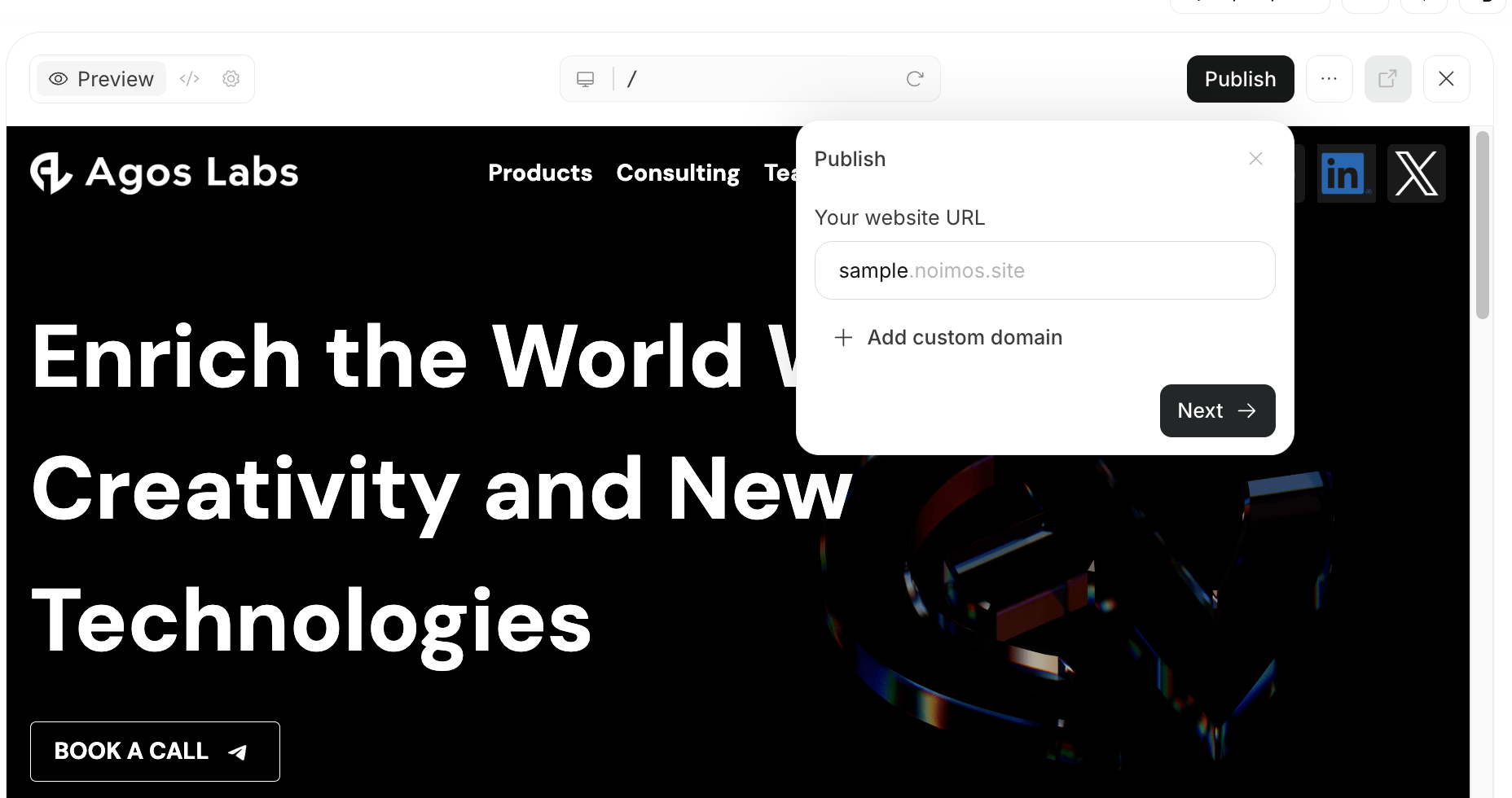 Screen showing URL setting in the website publishing panel