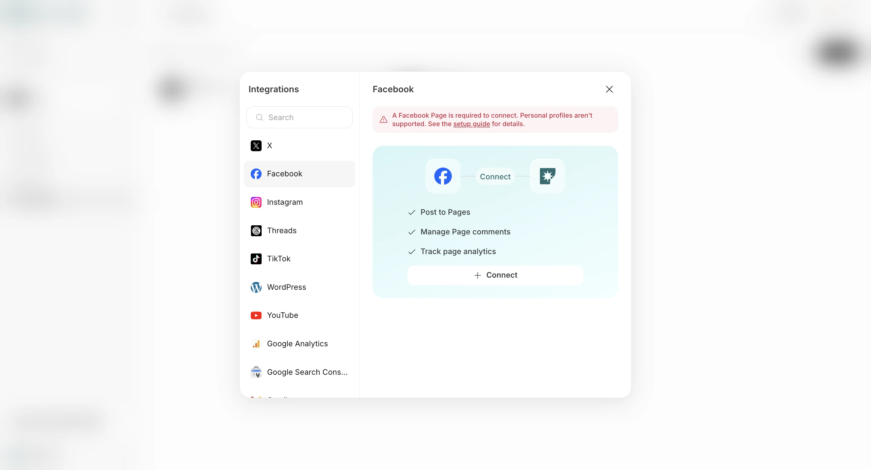 Kliknij Connect dla Facebook