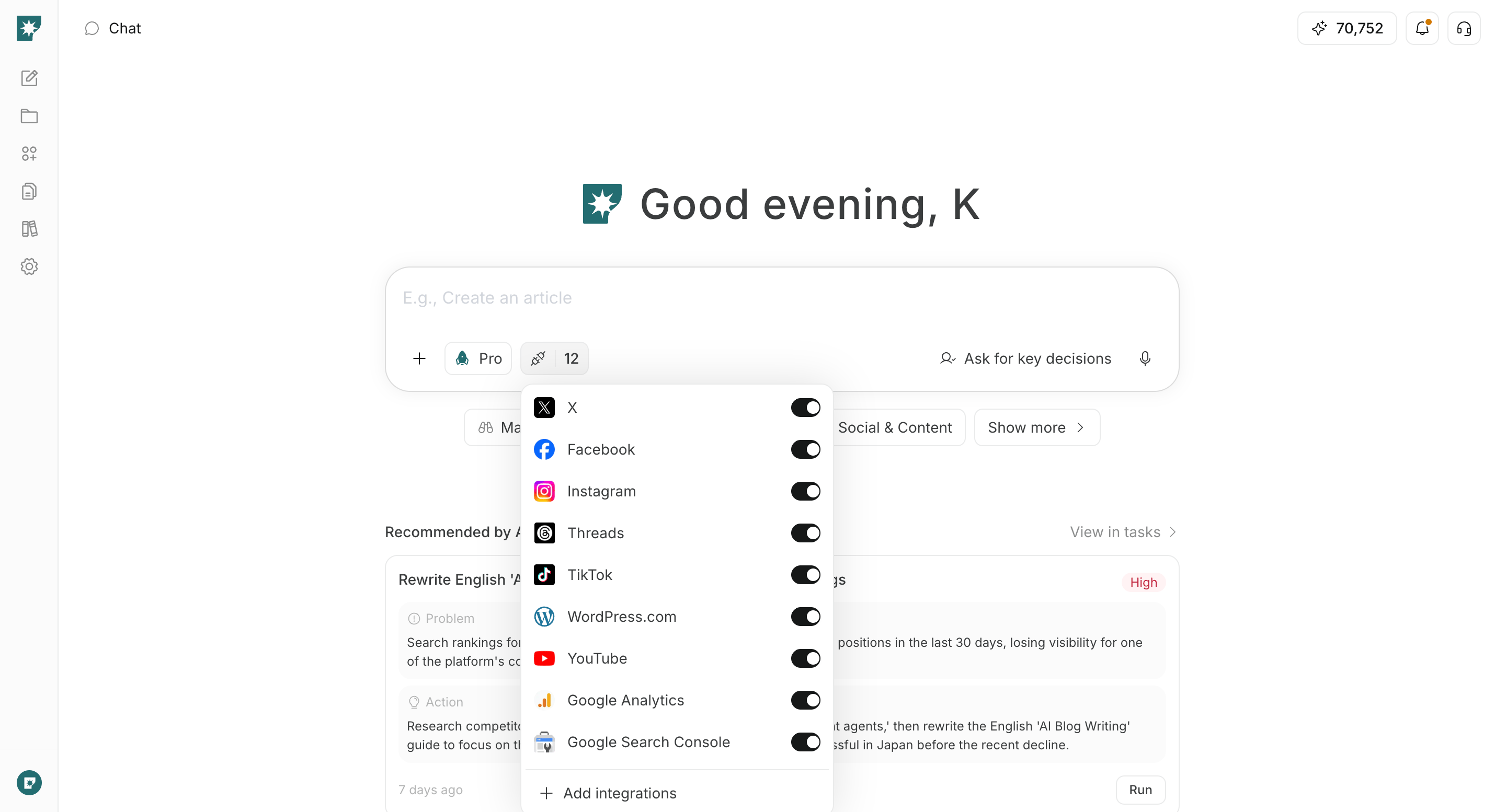 Menu per attivare o disattivare le integrazioni di servizi esterni usate nella chat