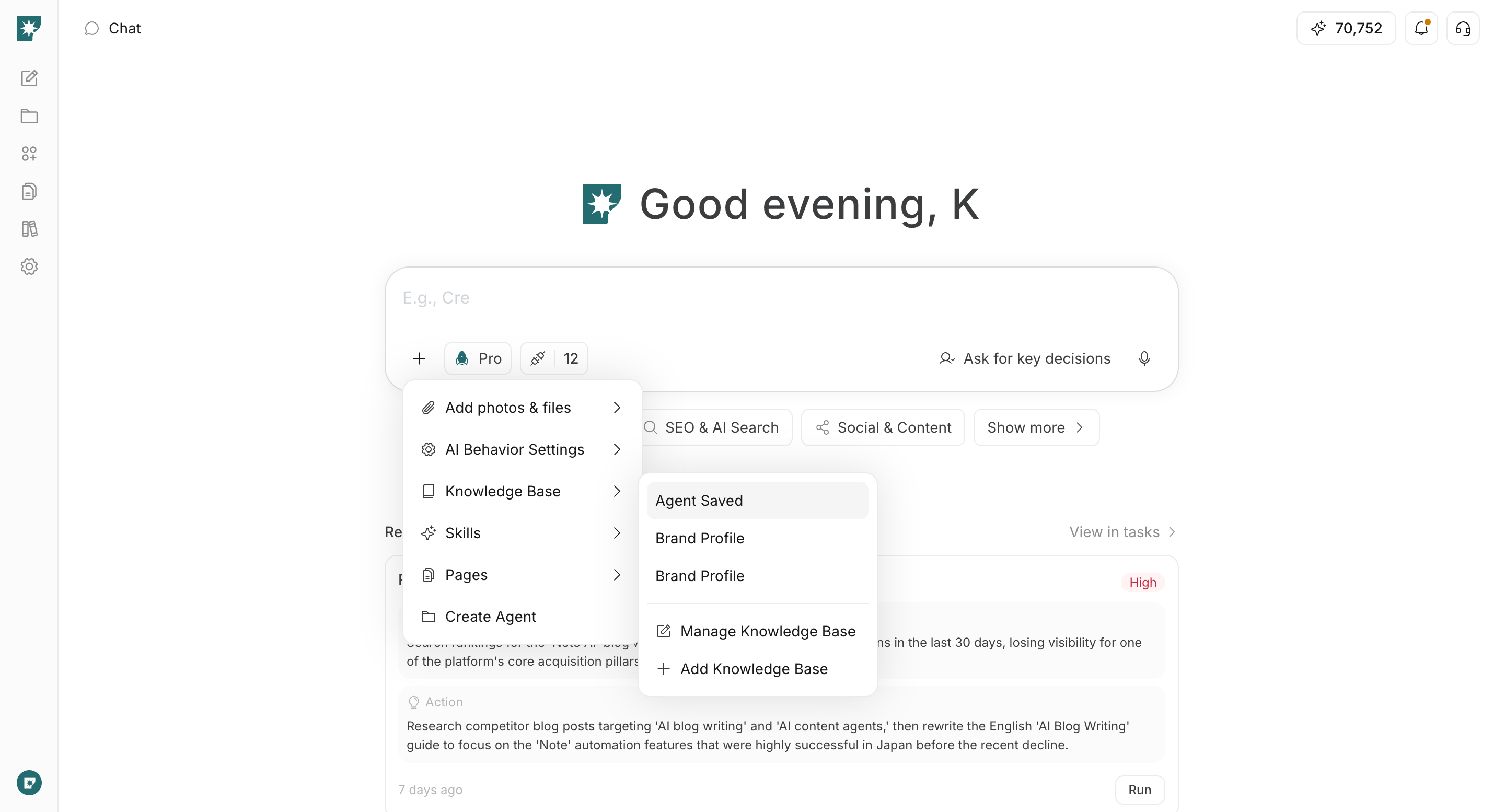 Menu per scegliere una base di conoscenza da consultare nella chat