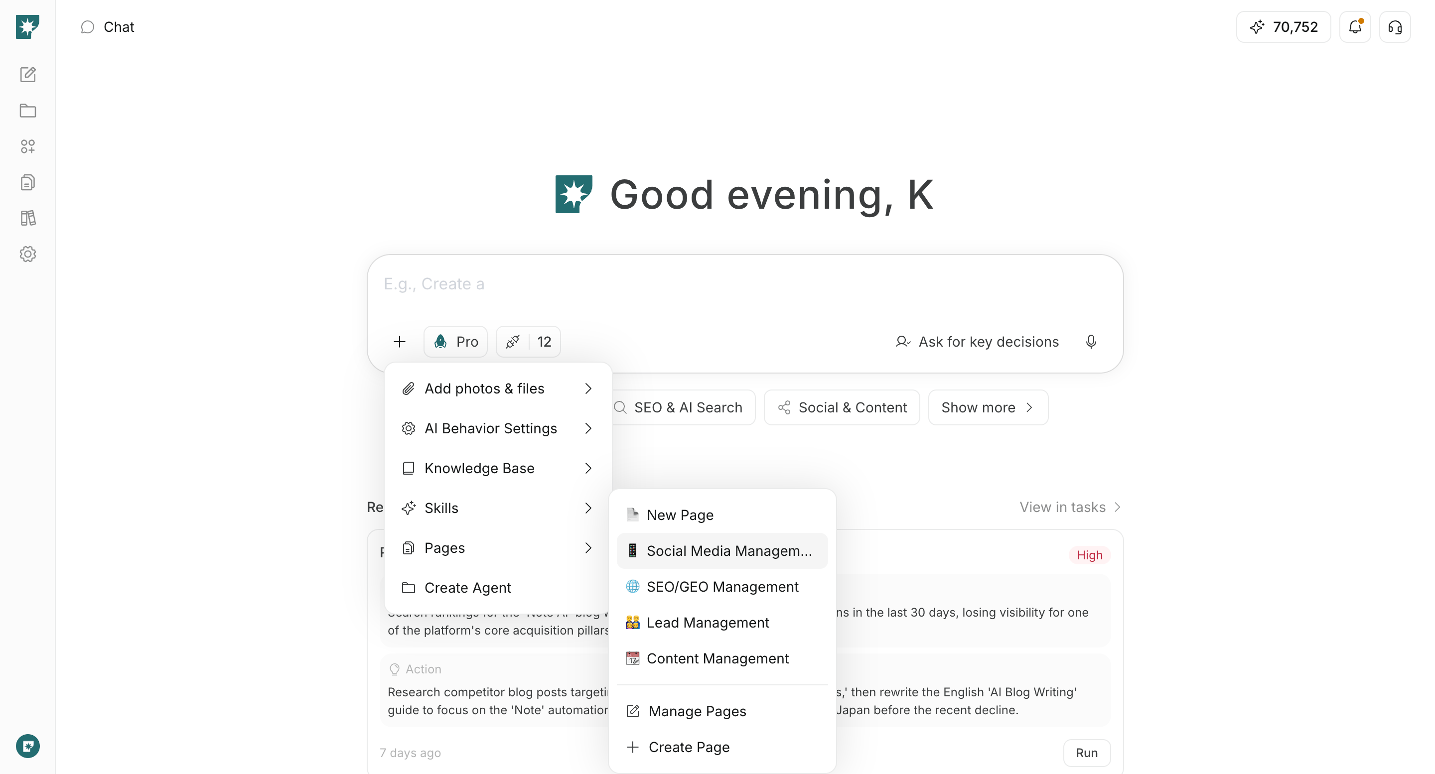Menu per scegliere una pagina da consultare nella chat