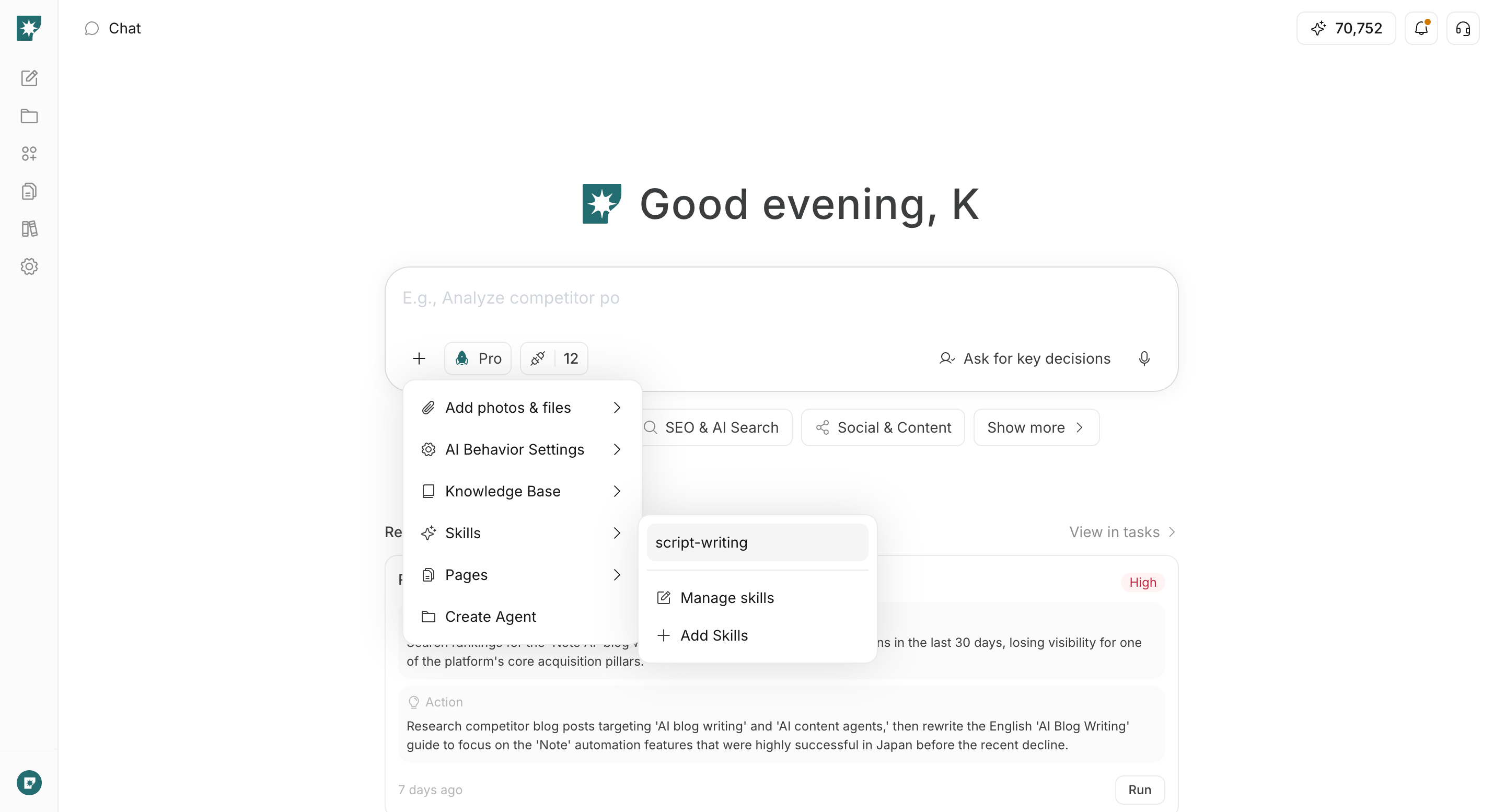 Menu per scegliere una competenza da usare nella chat