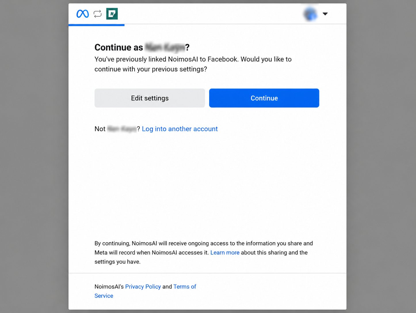 Schermata per continuare la connessione a NoimosAI usando il profilo Facebook e le impostazioni precedenti