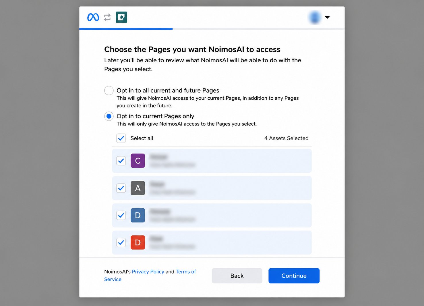 Schermata di conferma per riconnettere il profilo Facebook a NoimosAI usando le impostazioni precedenti