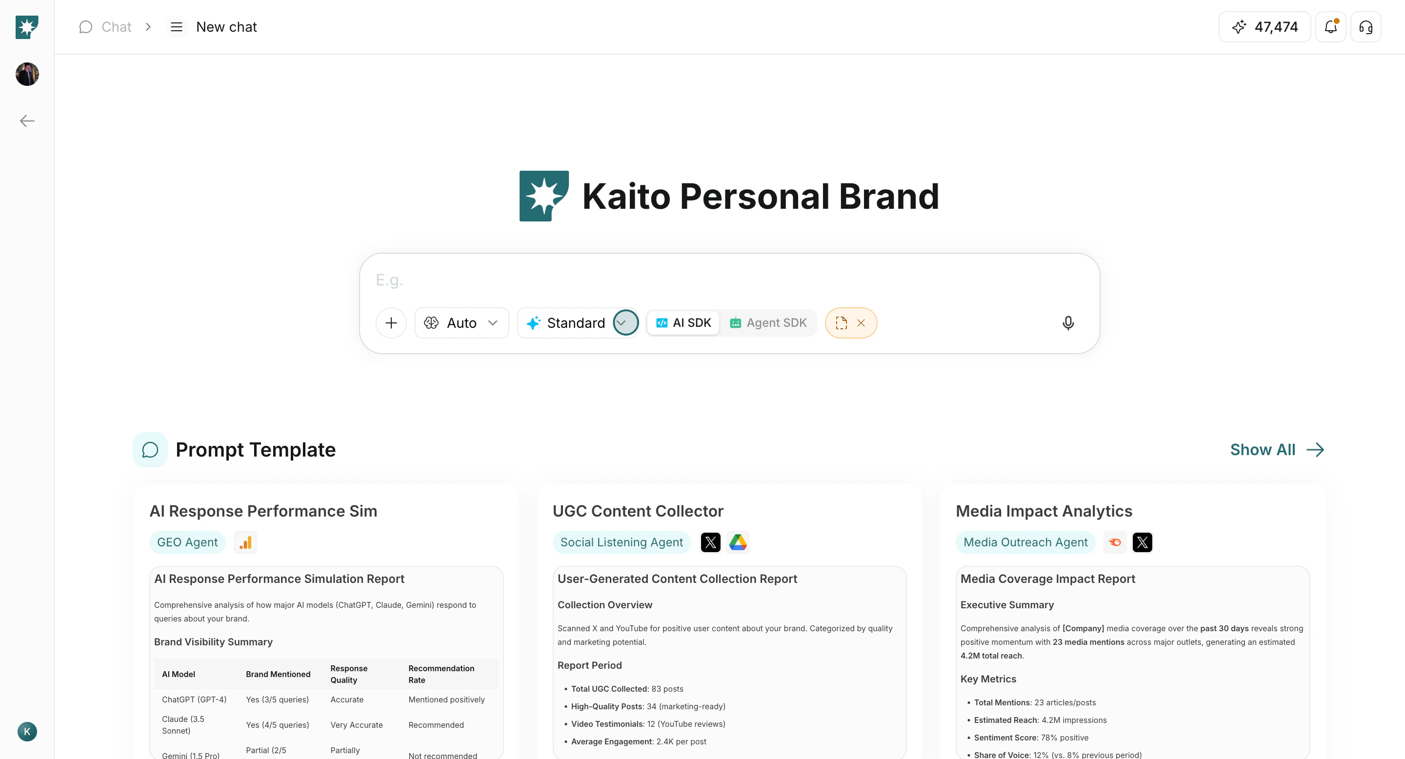 Chat tab with input box and prompt templates