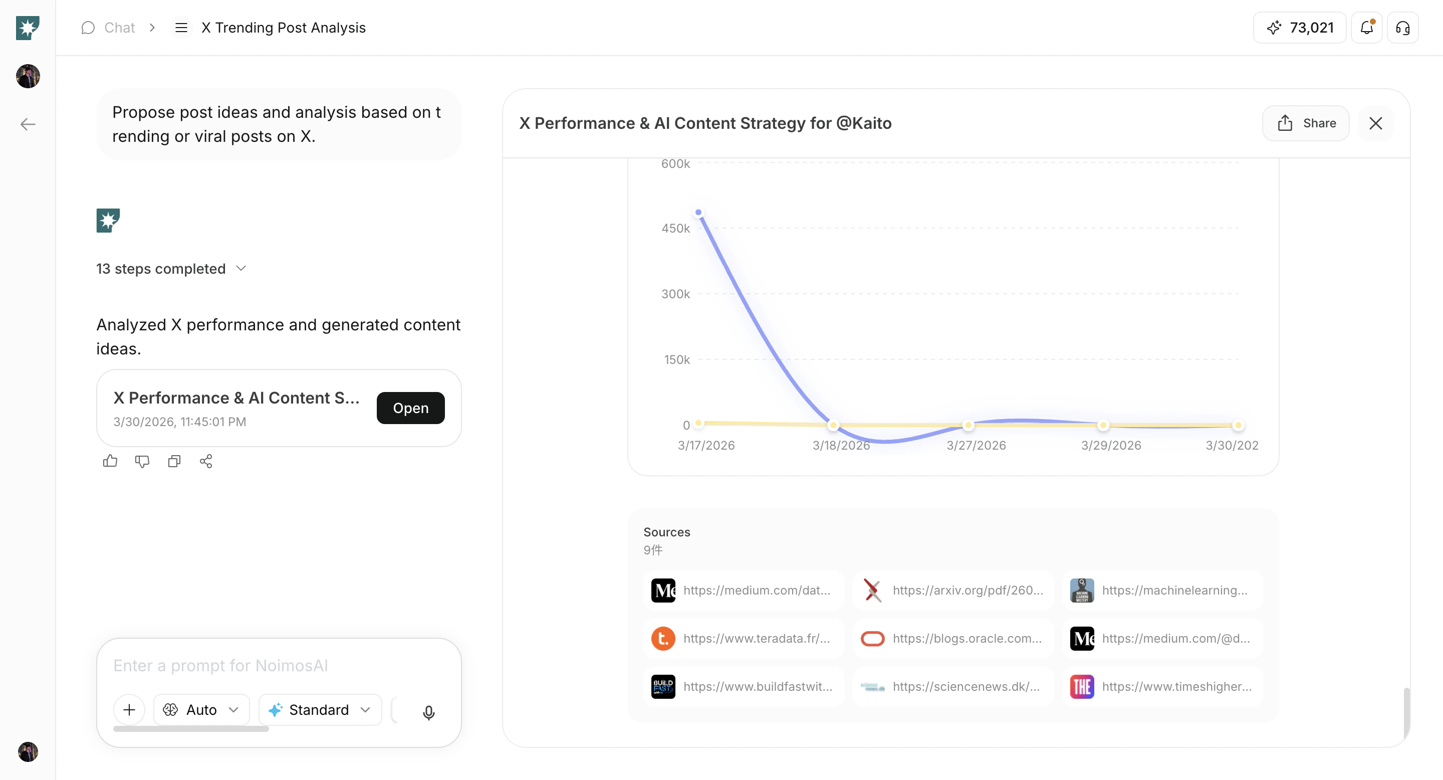 Chat result view with analysis output and source links