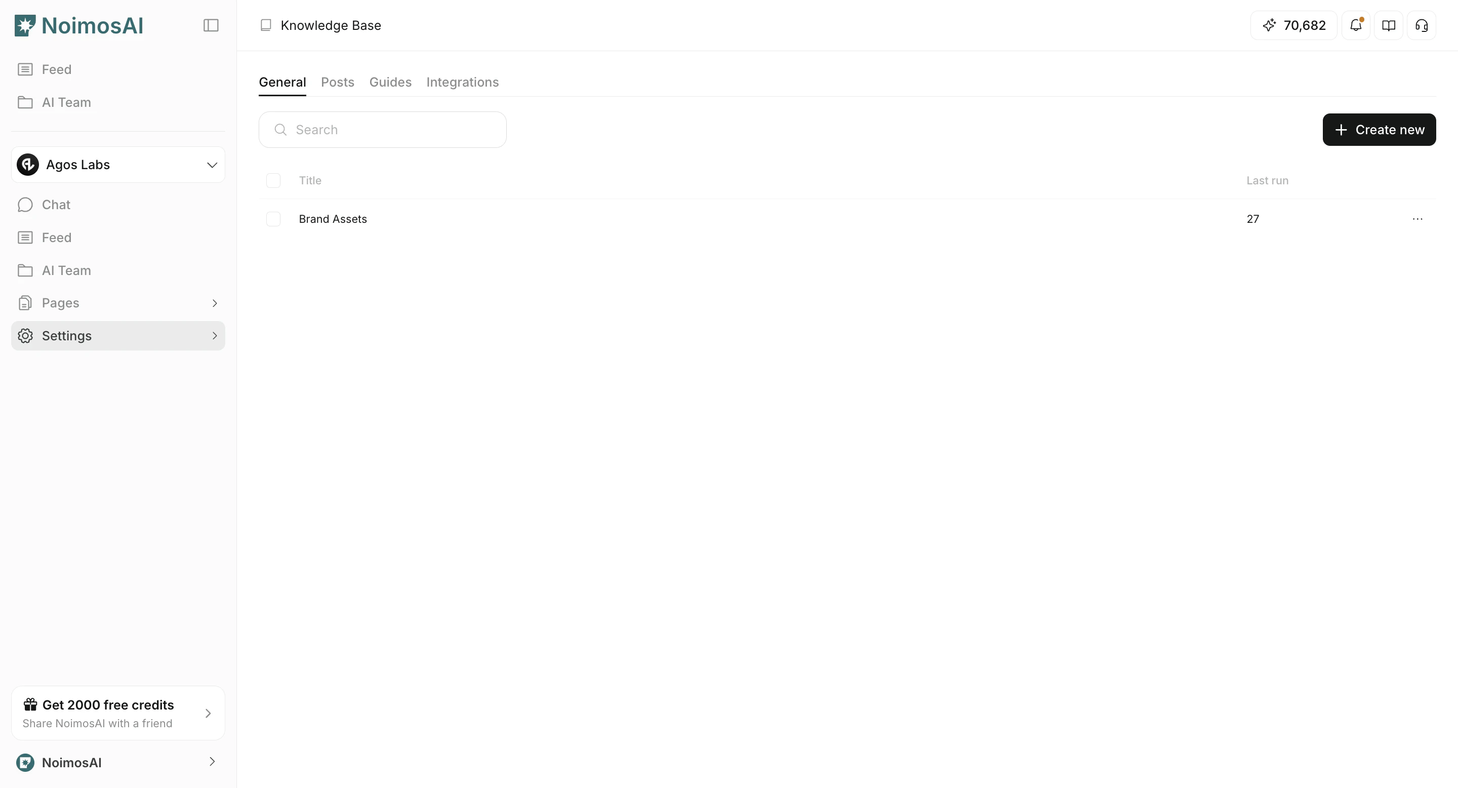 Knowledge Base screen with General, Posts, Guides, and Integrations tabs