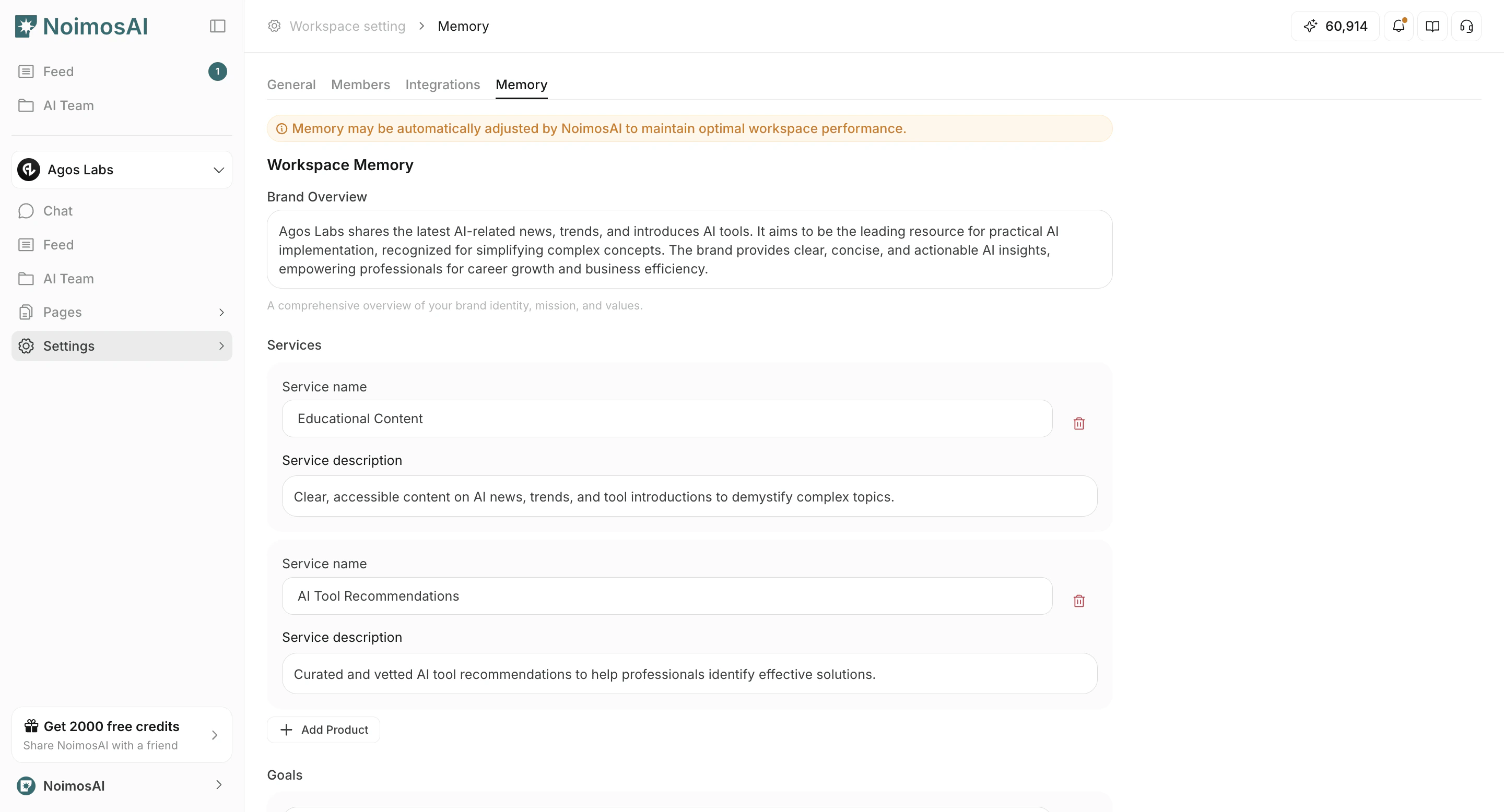 Memory tab with workspace, personal, and account memory sections